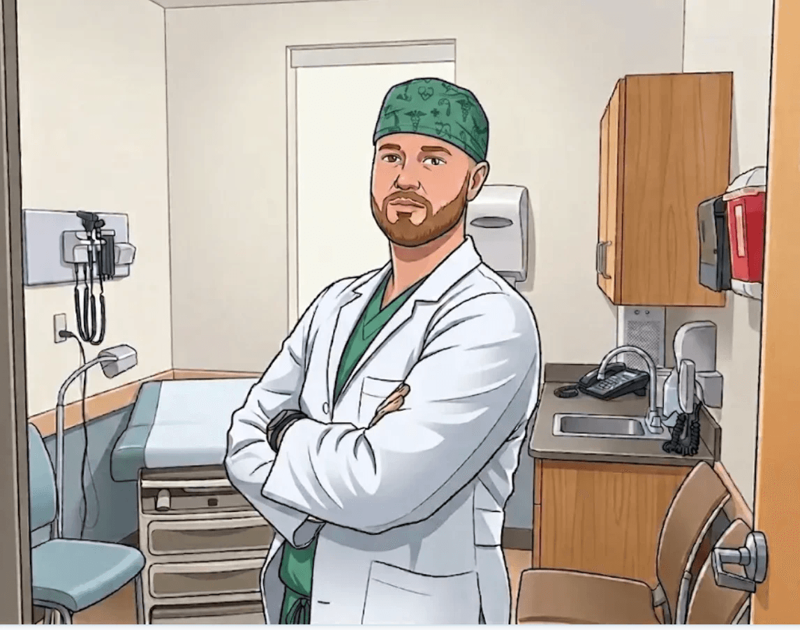 Peter Schindler, MD, PhD, in a clinic exam room